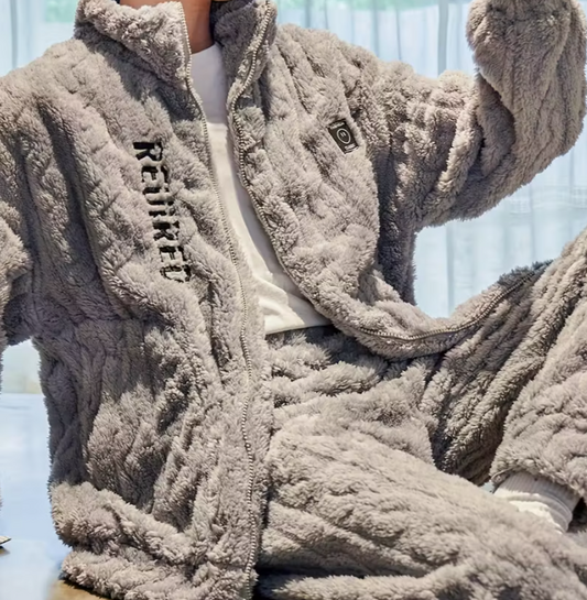 Men's Pajamas Winter Flannel Thickened Velvet Home Clothes Autumn and Winter Warm Coral Velvet Zipper Two-piece Set